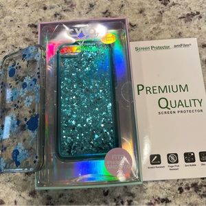 iPhone SE (2020) Cases Baby Blue Liquid Glitter, Floral Case, Screen Protector